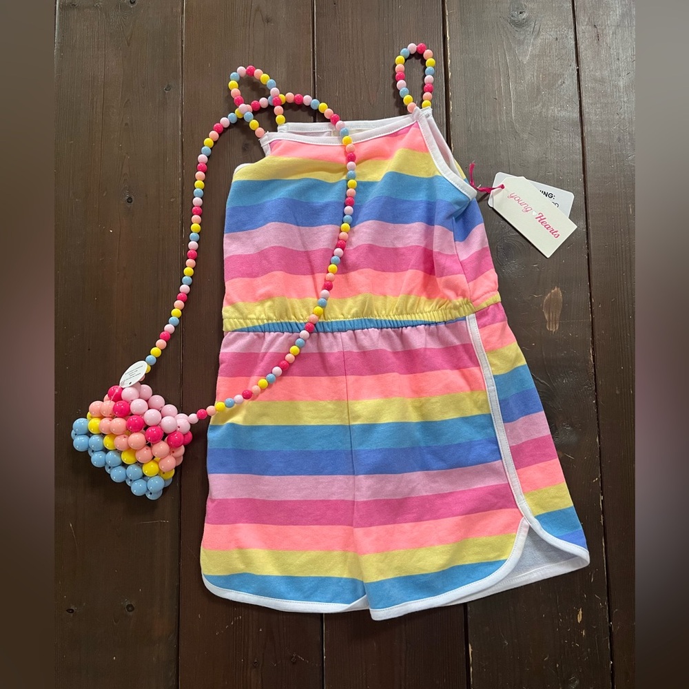 NWT Size 6 Young Hearts Rainbow Romper and Rainbow bead purse